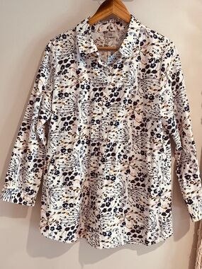 Tulip Floral Button Down Long Shirt Tunic Blue White Cotton SMALL Artsy Boho